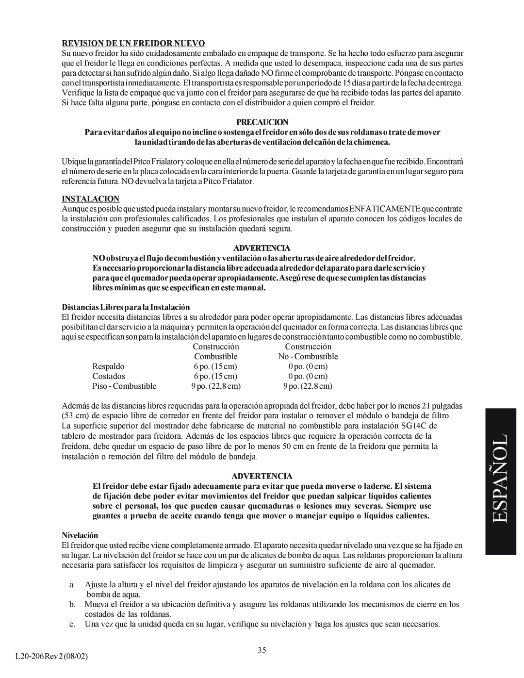 Pitco Frialator SG operation manual Español, Revision De Un Freidor Nuevo, Precaucion, Instalacion, Advertencia, Nivelación 