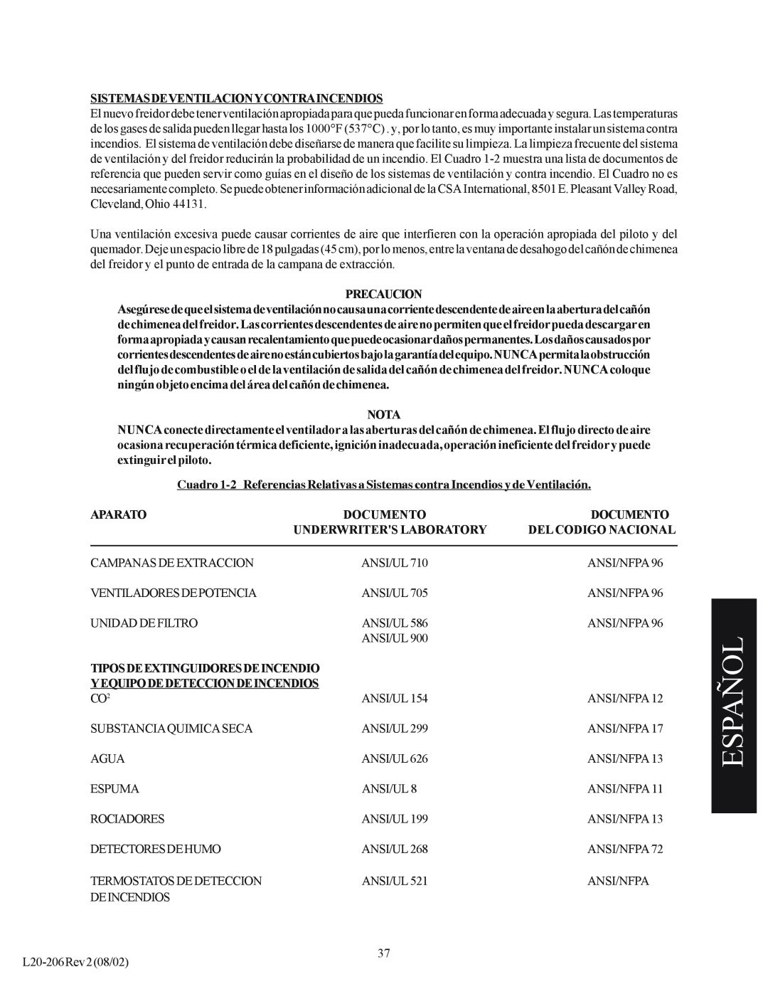 Pitco Frialator SG operation manual Español, Sistemasdeventilacionycontraincendios, Precaucion, Nota, Aparato, Documento 