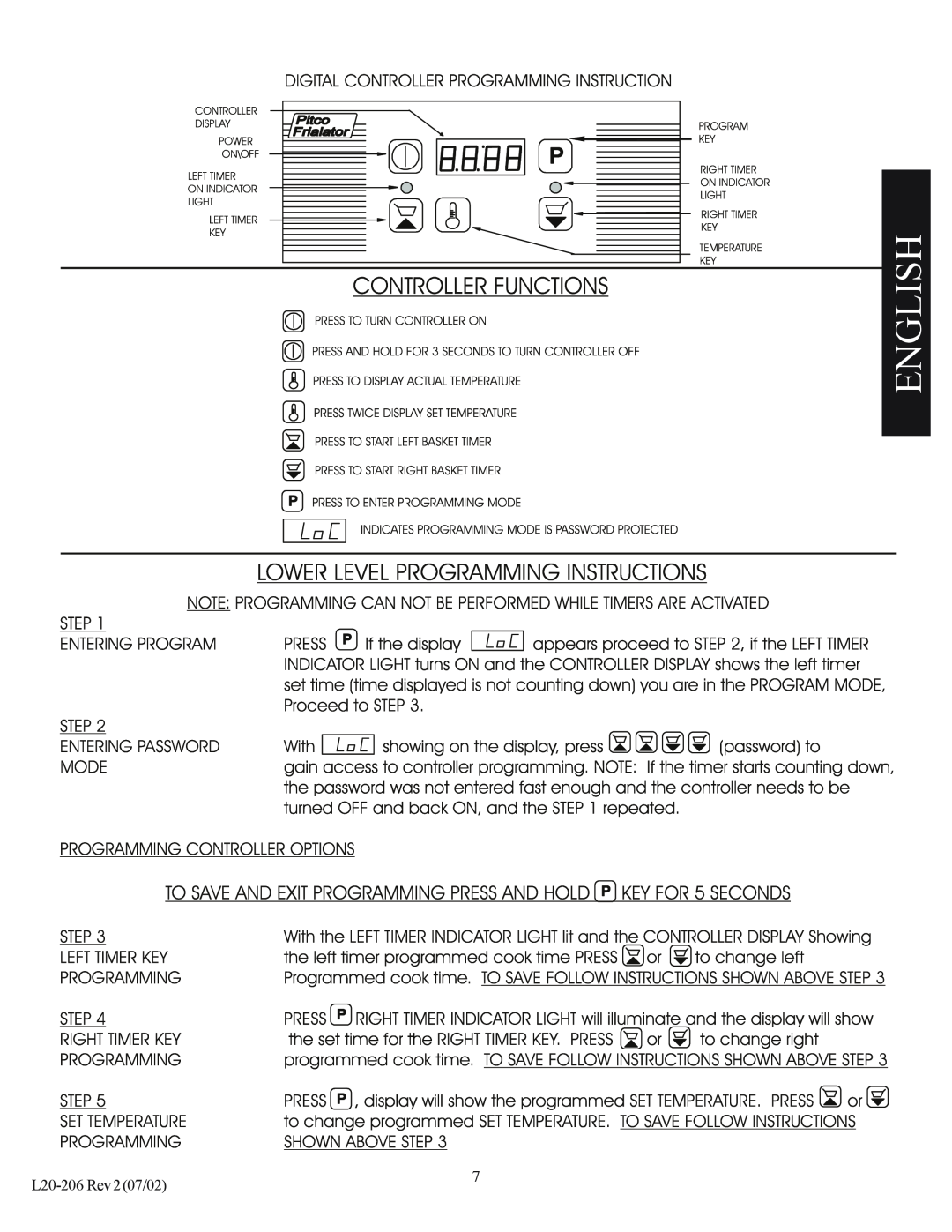 Pitco Frialator SG operation manual English, L20-206 Rev207/02 