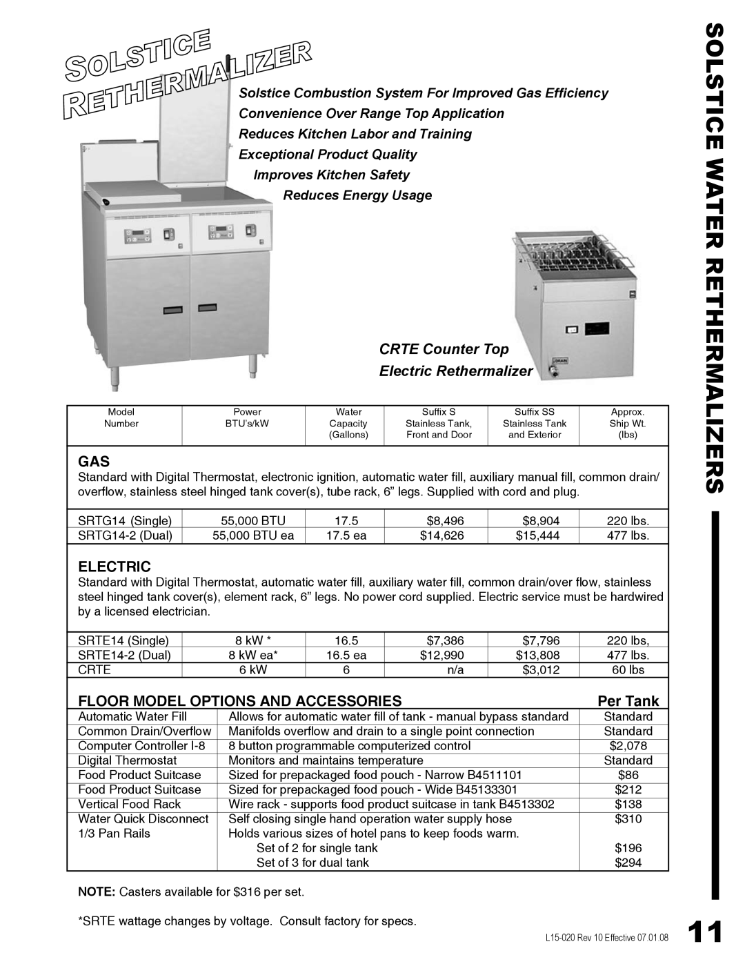 Pitco Frialator SG14DI manual Solstice Water Rethermalizers, Floor Model Options and Accessories 