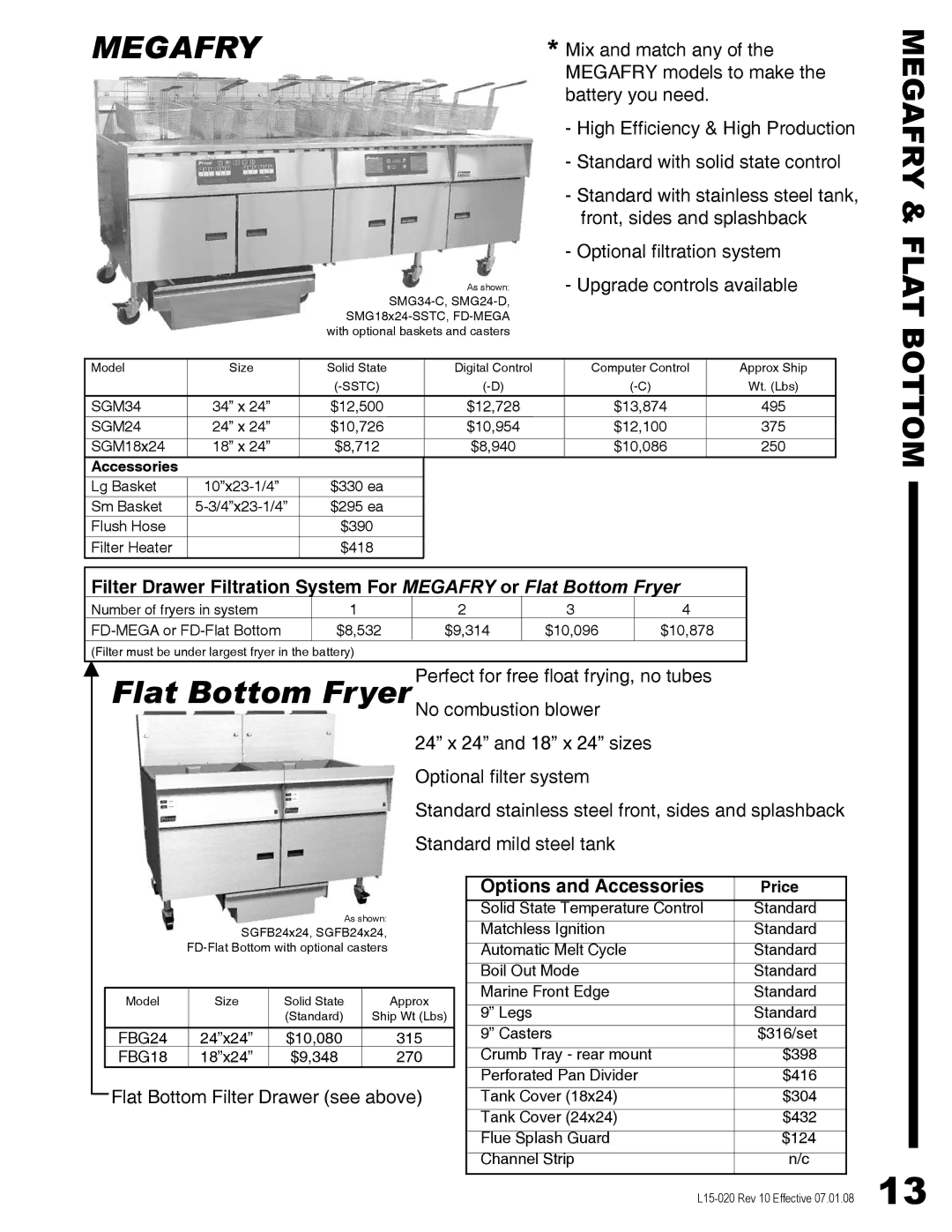 Pitco Frialator SG14DI manual Megafry & Flat Bottom, Options and Accessories 