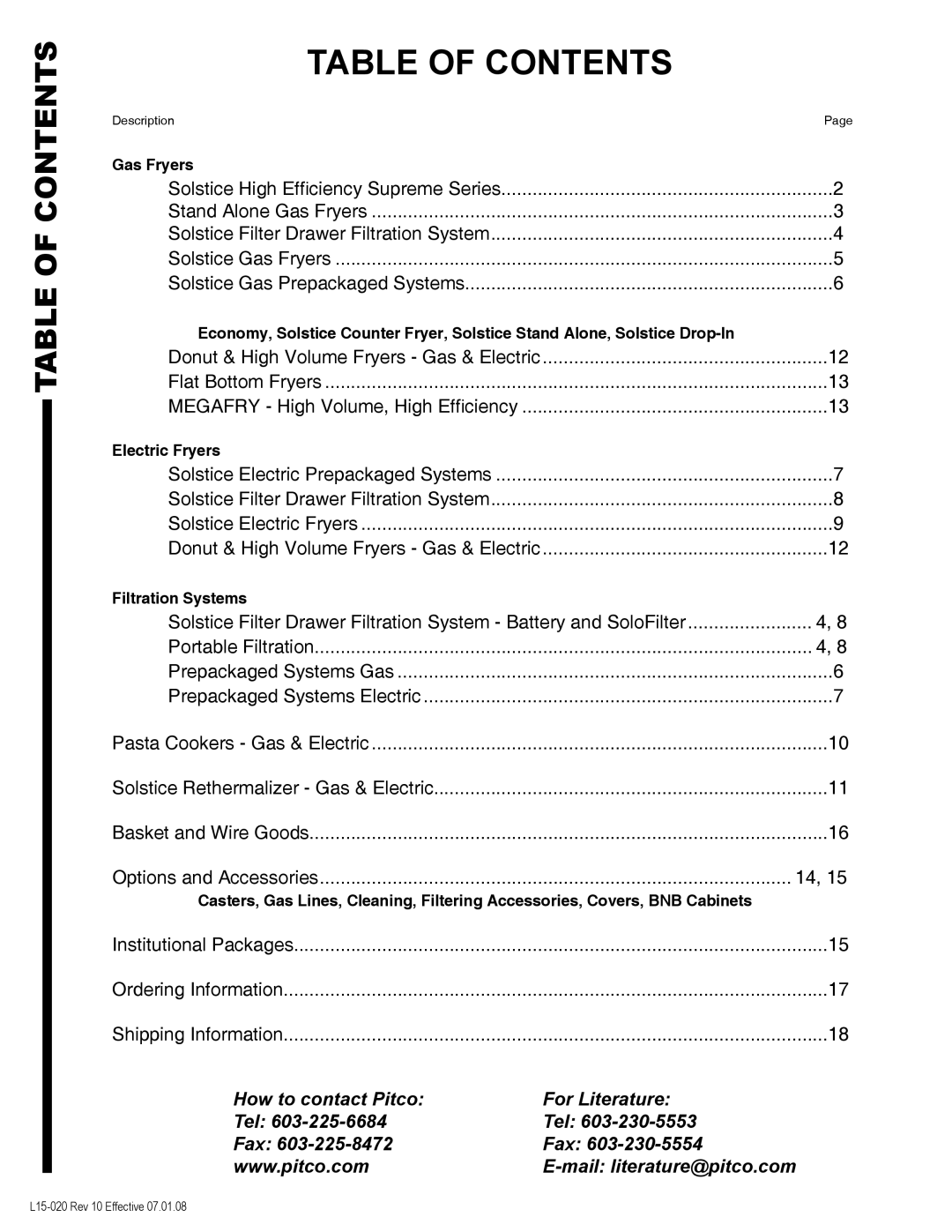 Pitco Frialator SG14DI manual Table of Contents 