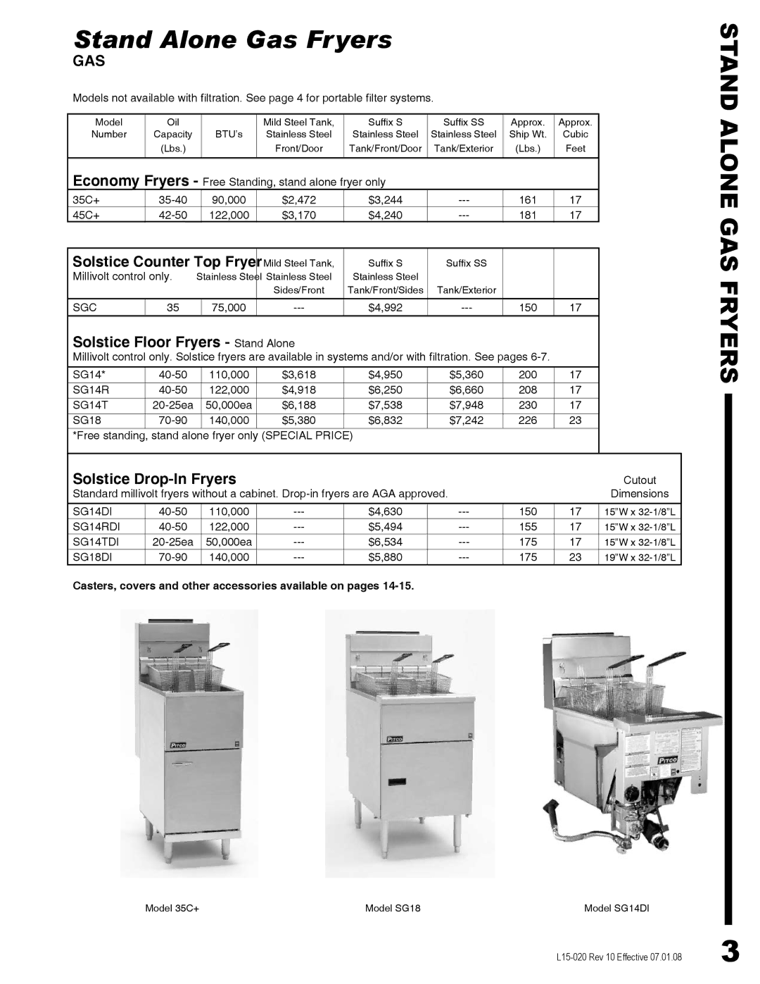 Pitco Frialator SG14DI manual Stand Alone Gas Fryers, Stand Alone GAS Fryers, Solstice Floor Fryers Stand Alone 