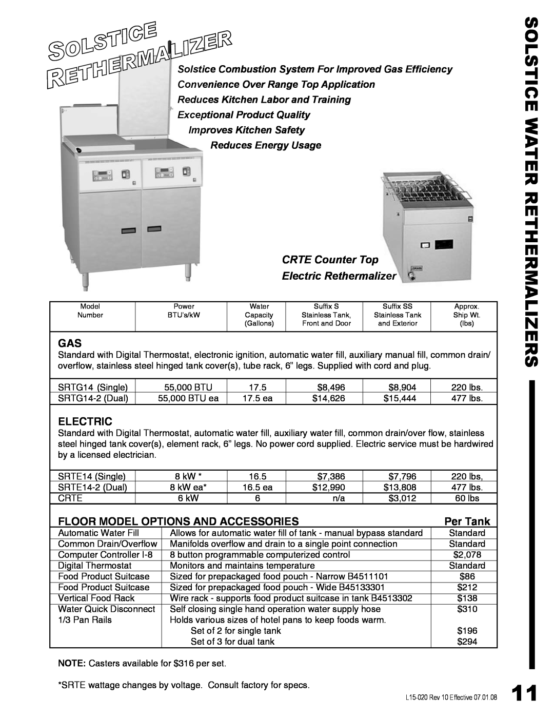Pitco Frialator SG14DI manual Solstice Water Rethermalizers, CRTE Counter Top, Electric Rethermalizer, Per Tank 