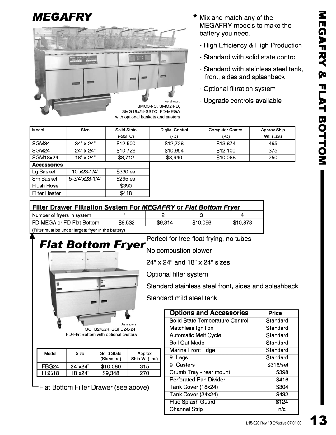 Pitco Frialator SG14DI manual Megafry & Flat Bottom, Filter Drawer Filtration System For MEGAFRY or Flat Bottom Fryer 