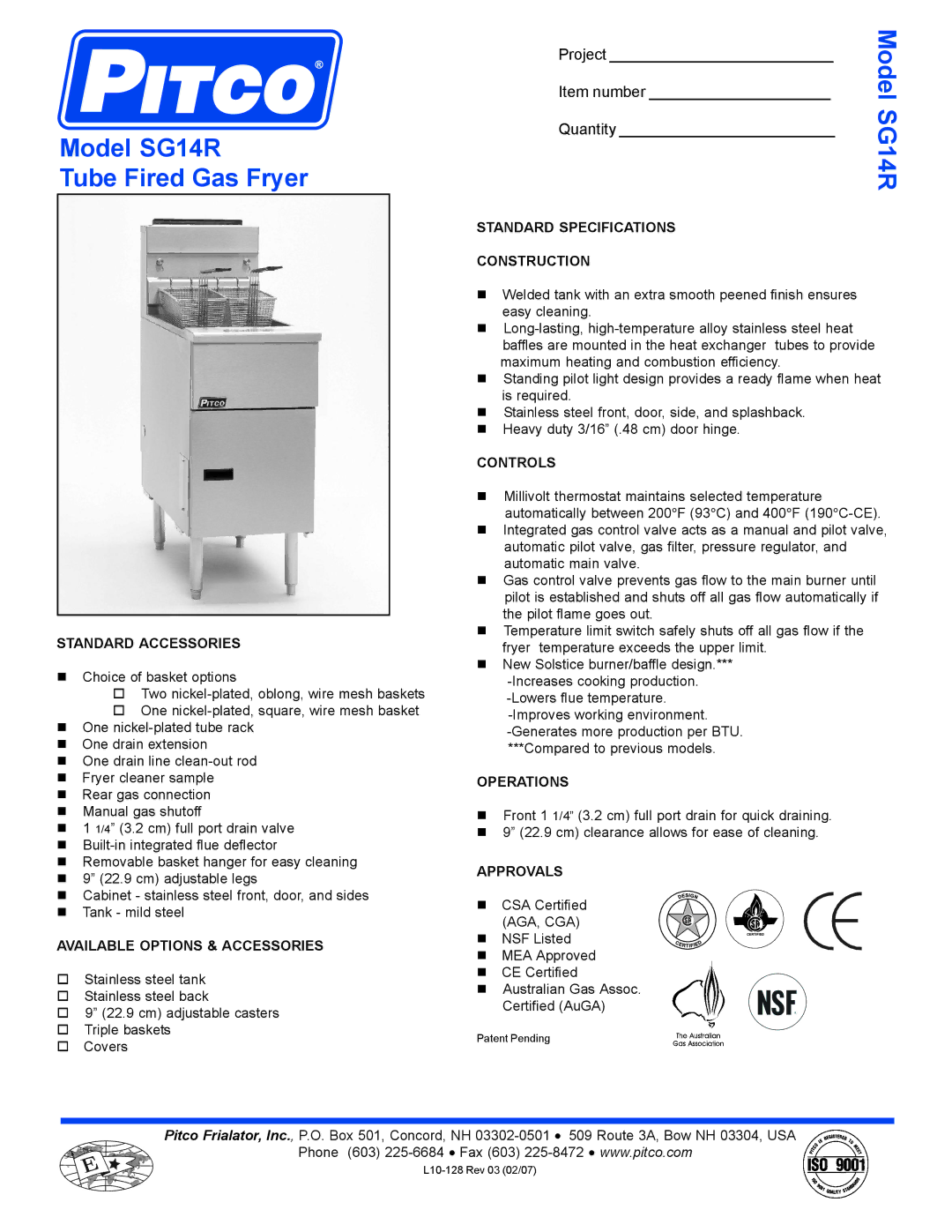 Pitco Frialator specifications Model SG14R Tube Fired Gas Fryer 