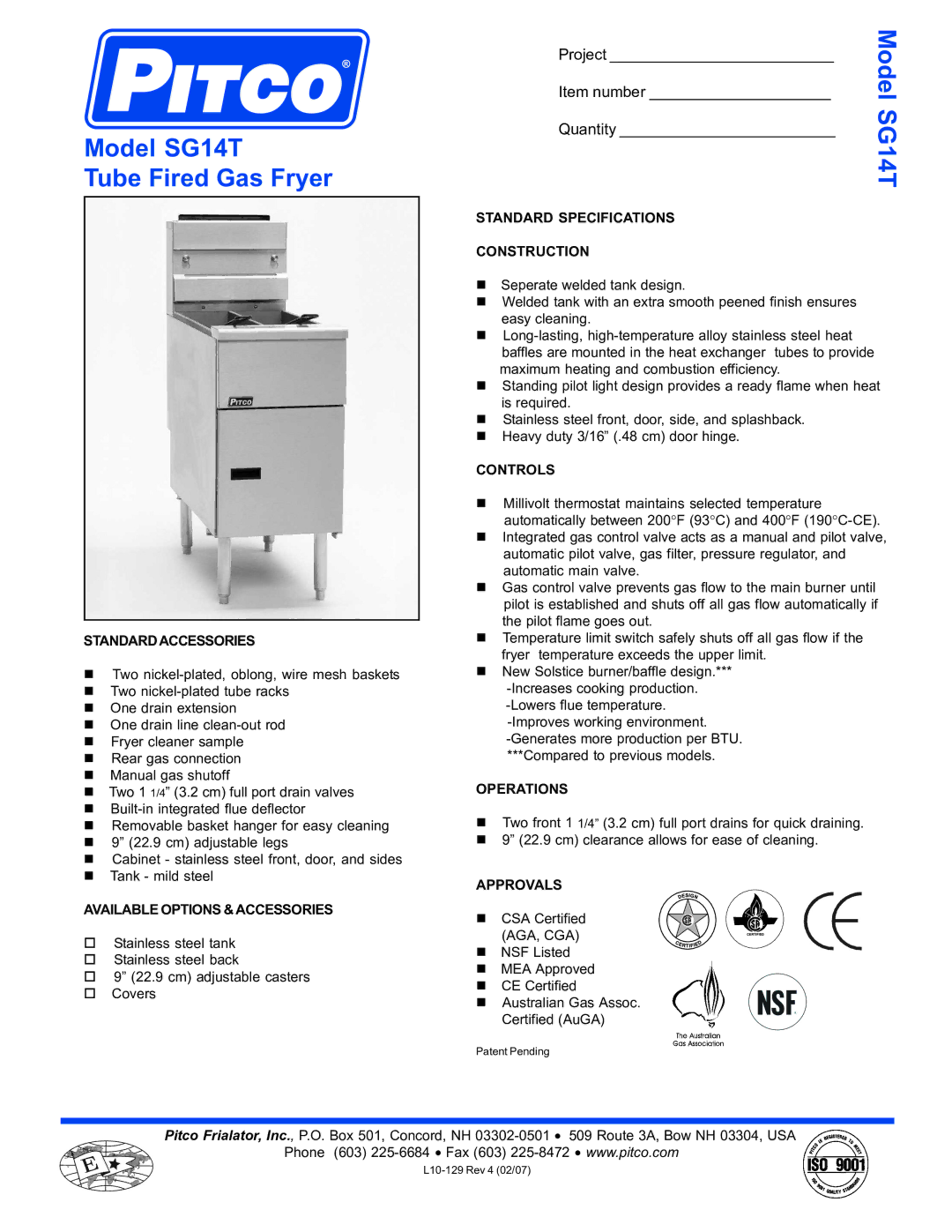 Pitco Frialator SG14T specifications Standardaccessories, Available Options &ACCESSORIES, Controls, Operations, Approvals 