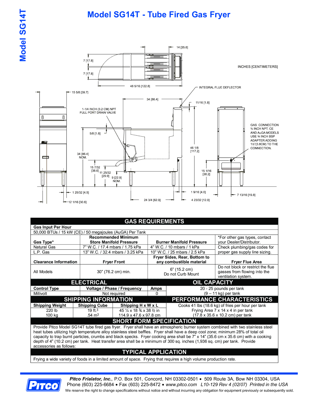 Pitco Frialator SG14T specifications Electrical OIL Capacity, Shipping Information, Typical Application 