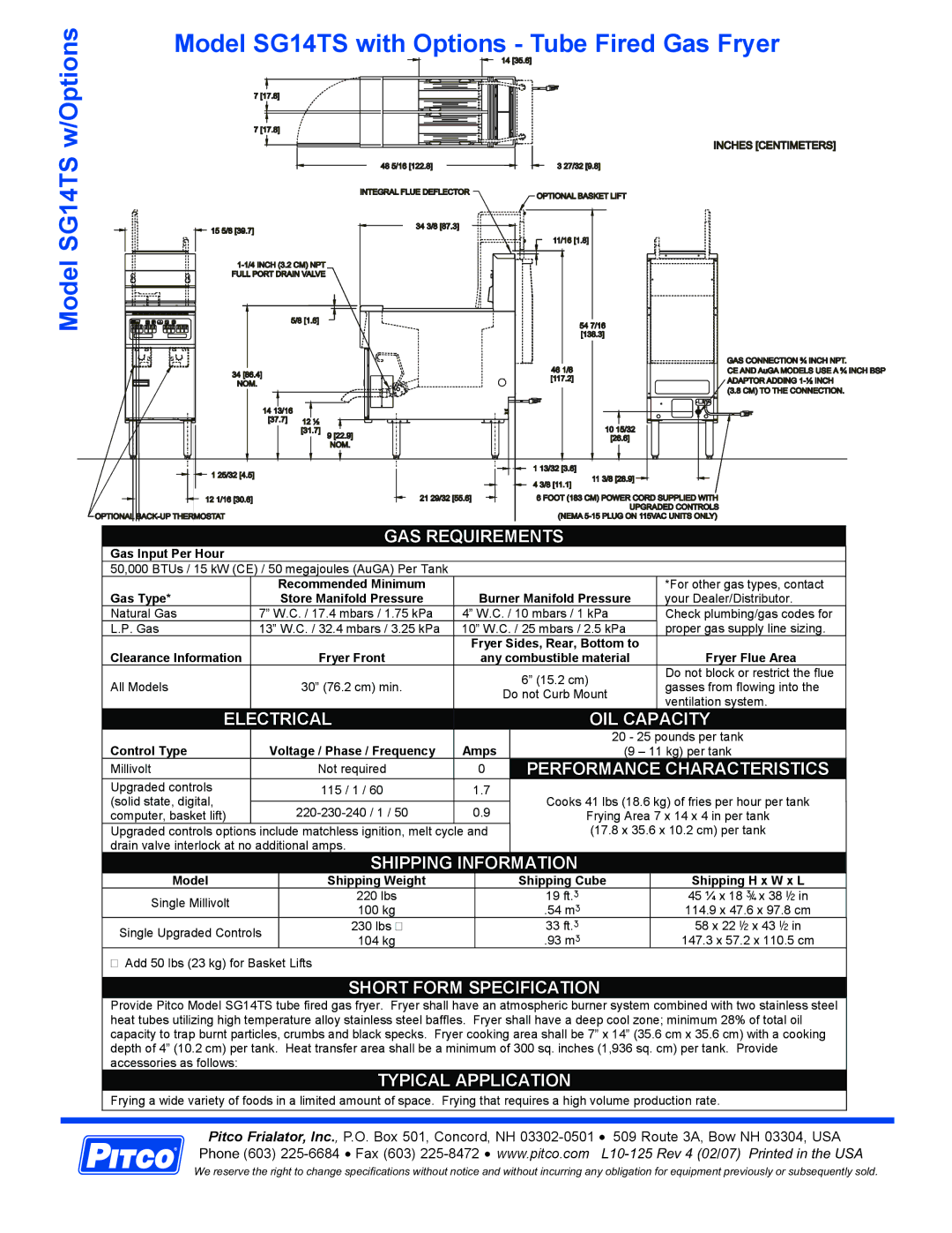 Pitco Frialator SG14TS GAS Requirements, Electrical OIL Capacity, Shipping Information, Short Form Specification 