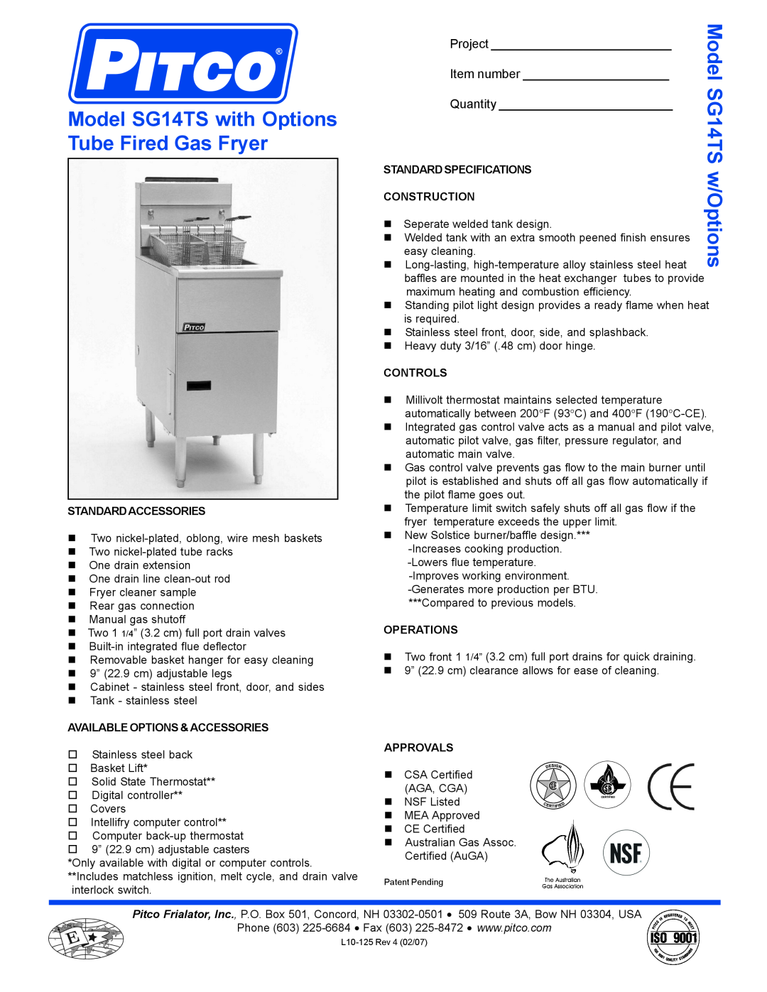 Pitco Frialator specifications Model SG14TS with Options Tube Fired Gas Fryer, w/Options, Project, Item number 