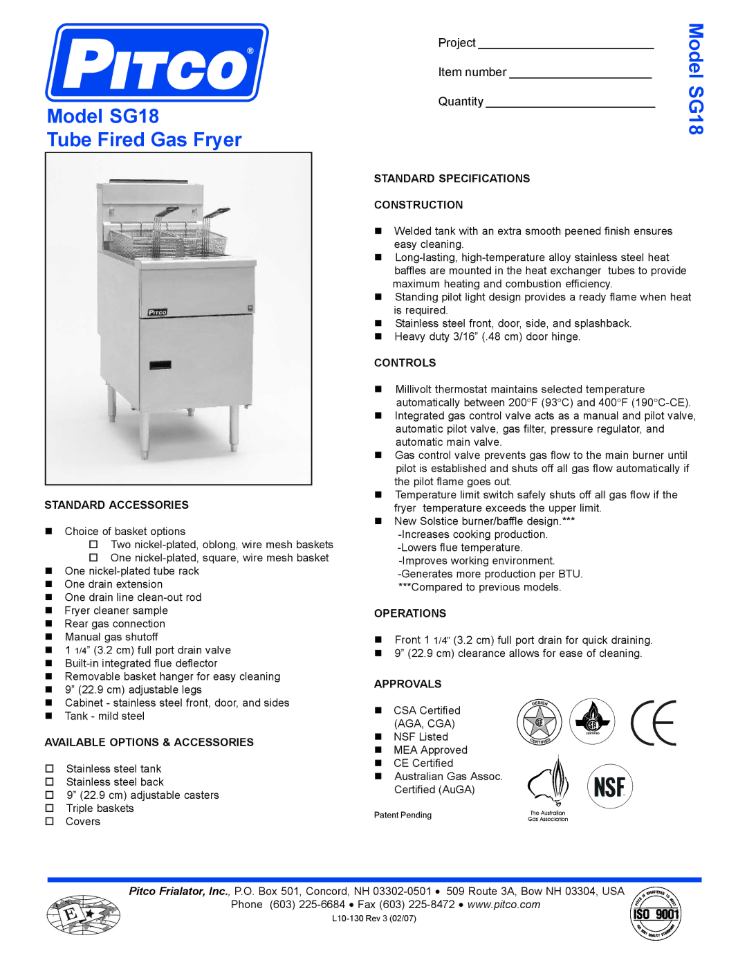 Pitco Frialator specifications Model SG18 Tube Fired Gas Fryer 