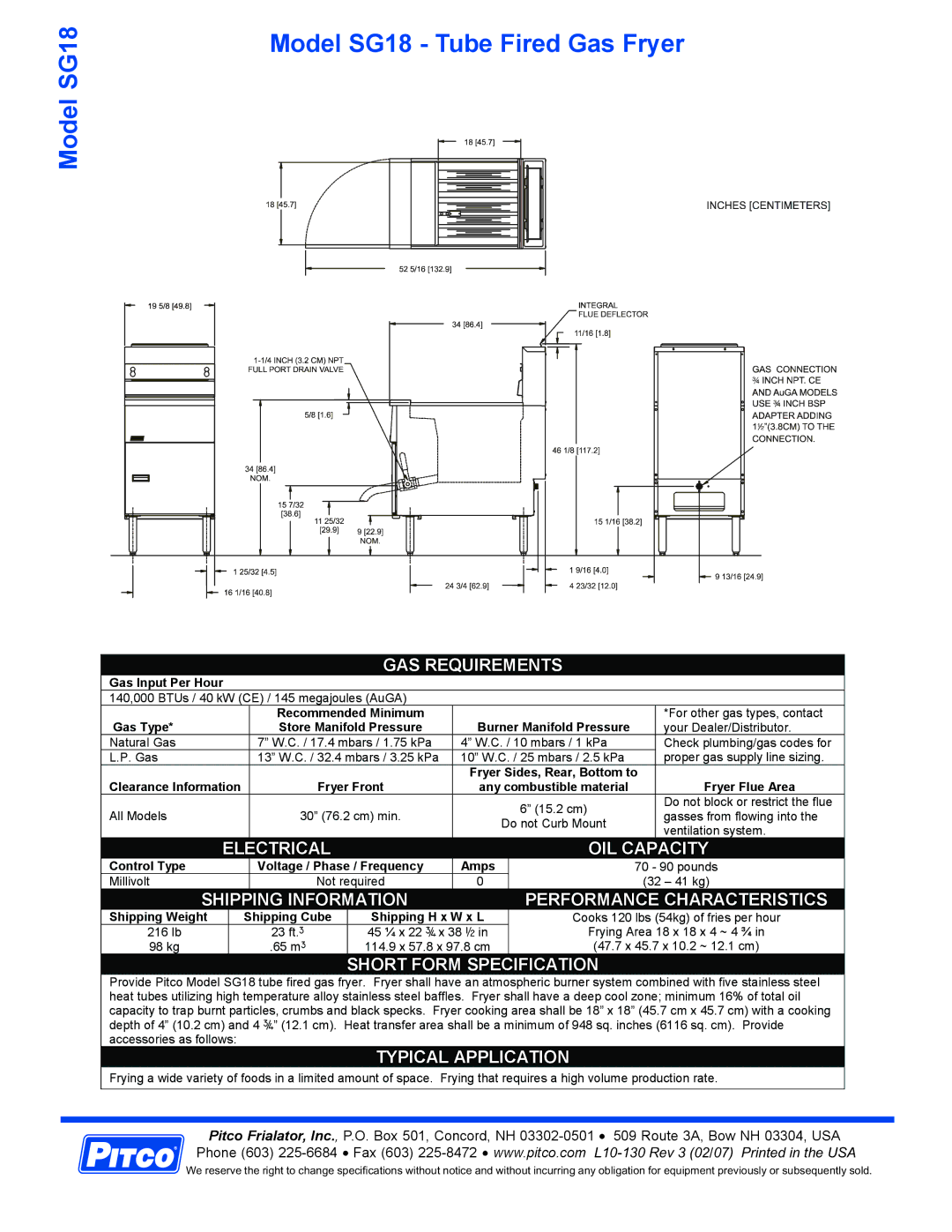 Pitco Frialator specifications Model SG18 Model SG18 Tube Fired Gas Fryer 