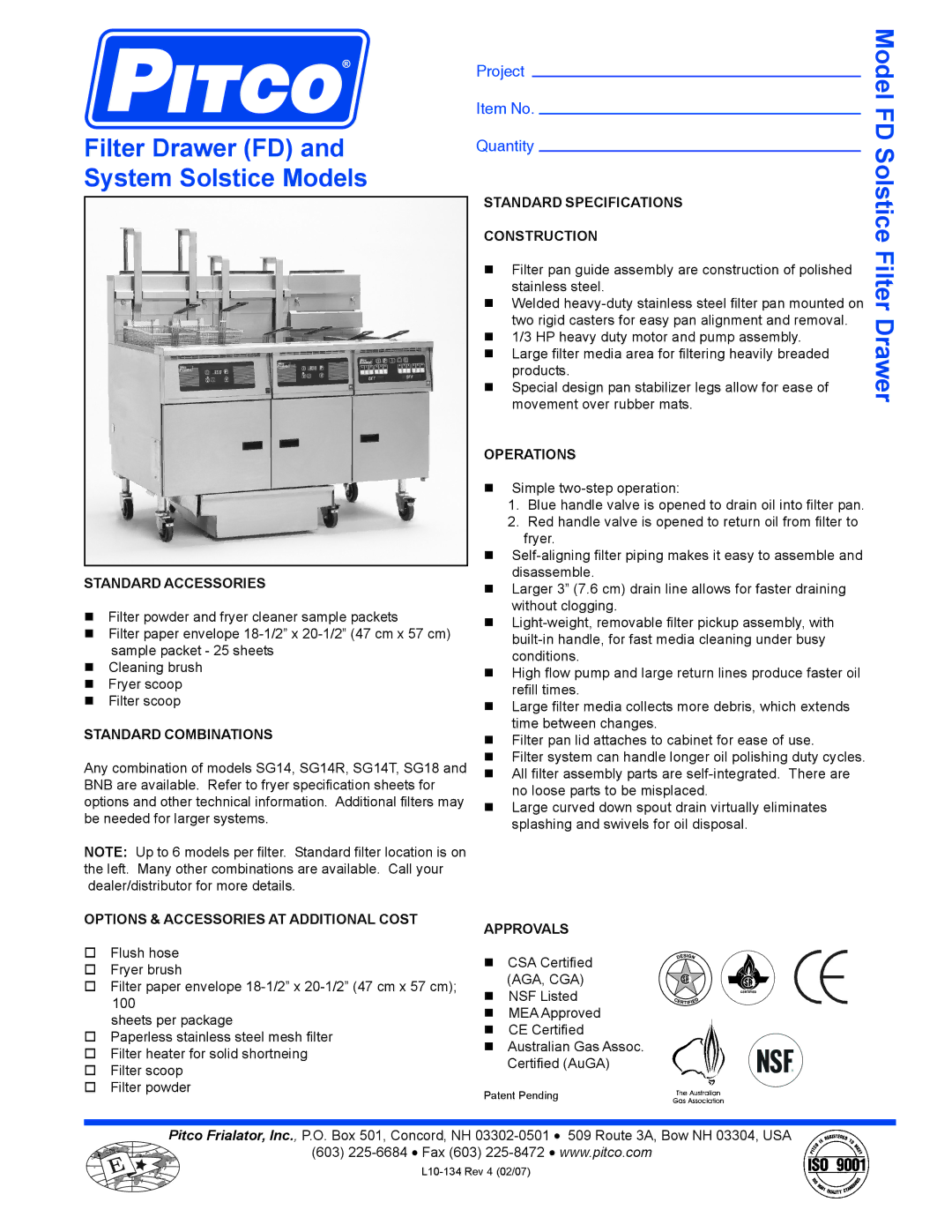 Pitco Frialator SG18 specifications Filter Drawer FD System Solstice Models, Solstice Filter Drawer 