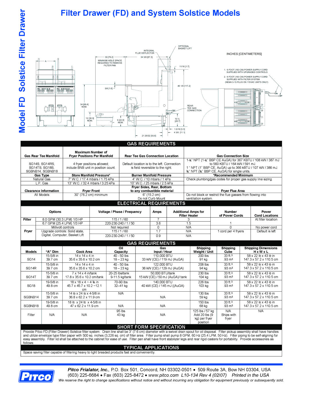 Pitco Frialator SG18 specifications Drawer Filter Drawer FD and System Solstice Models 