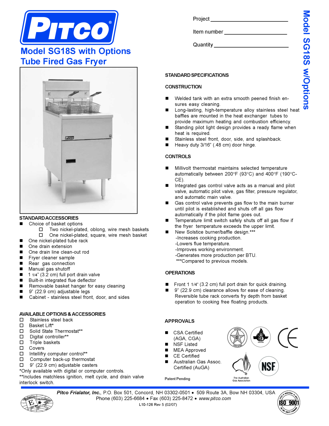 Pitco Frialator specifications Model SG18S with Options Tube Fired Gas Fryer, Model SG18S w/Options, Project, Controls 