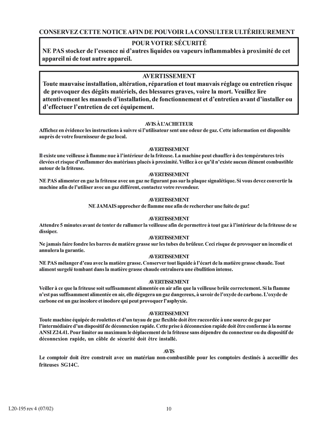 Pitco Frialator 34F, SGC, 34P, 24P, SGF 14, 14T, 24F, 18F operation manual Avisàl’Acheteur, Avertissement 