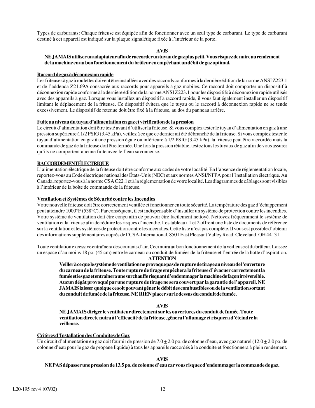 Pitco Frialator 24F, SGC, 34P, 24P, SGF 14 Raccordementélectrique, Ventilation et Systèmes de Sécurité contre les Incendies 