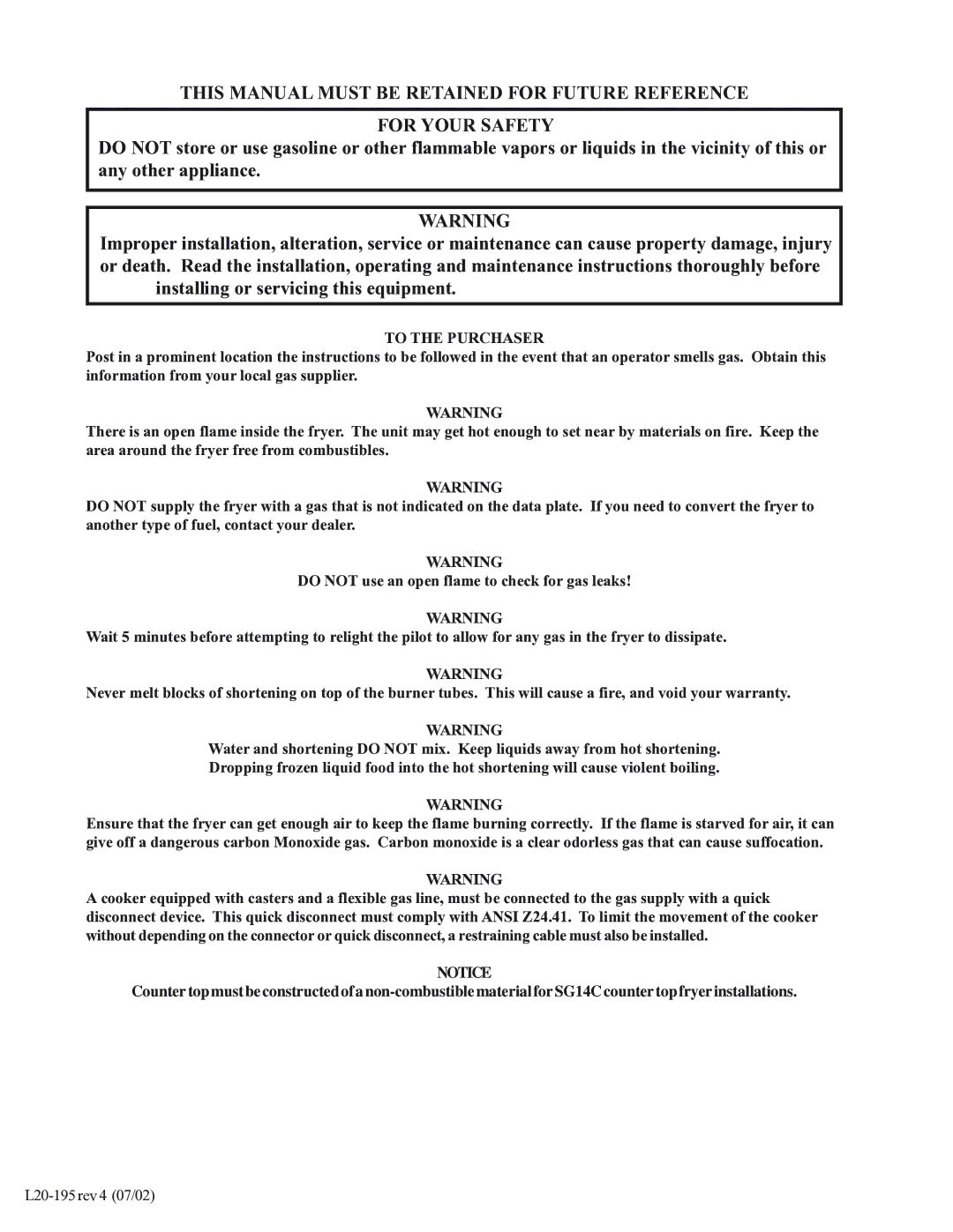 Pitco Frialator 24P, SGC, 34P, SGF 14, 34F, 14T, 24F, 18F operation manual To the Purchaser 