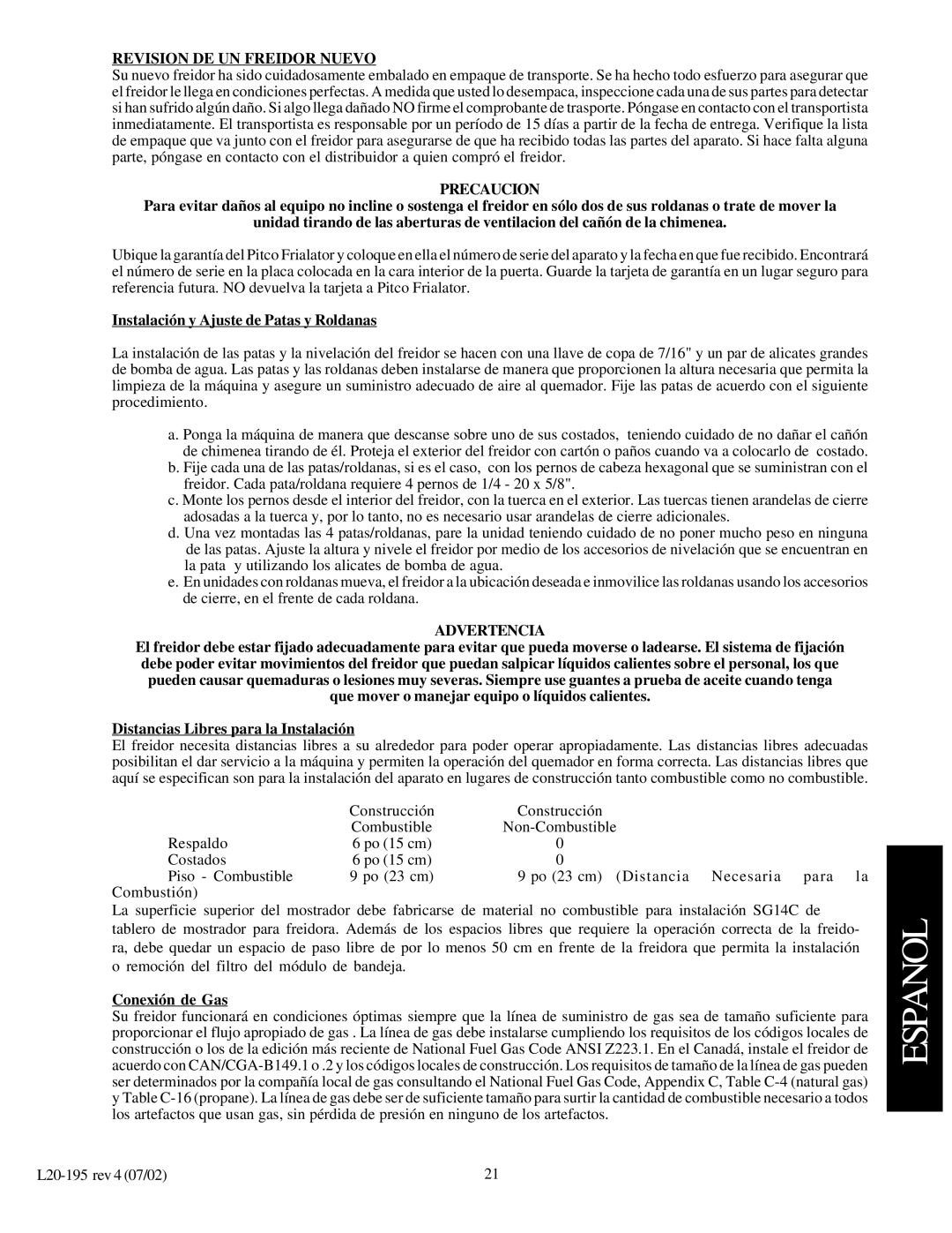 Pitco Frialator 18F Revision DE UN Freidor Nuevo, Precaucion, Instalación y Ajuste de Patas y Roldanas, Conexión de Gas 