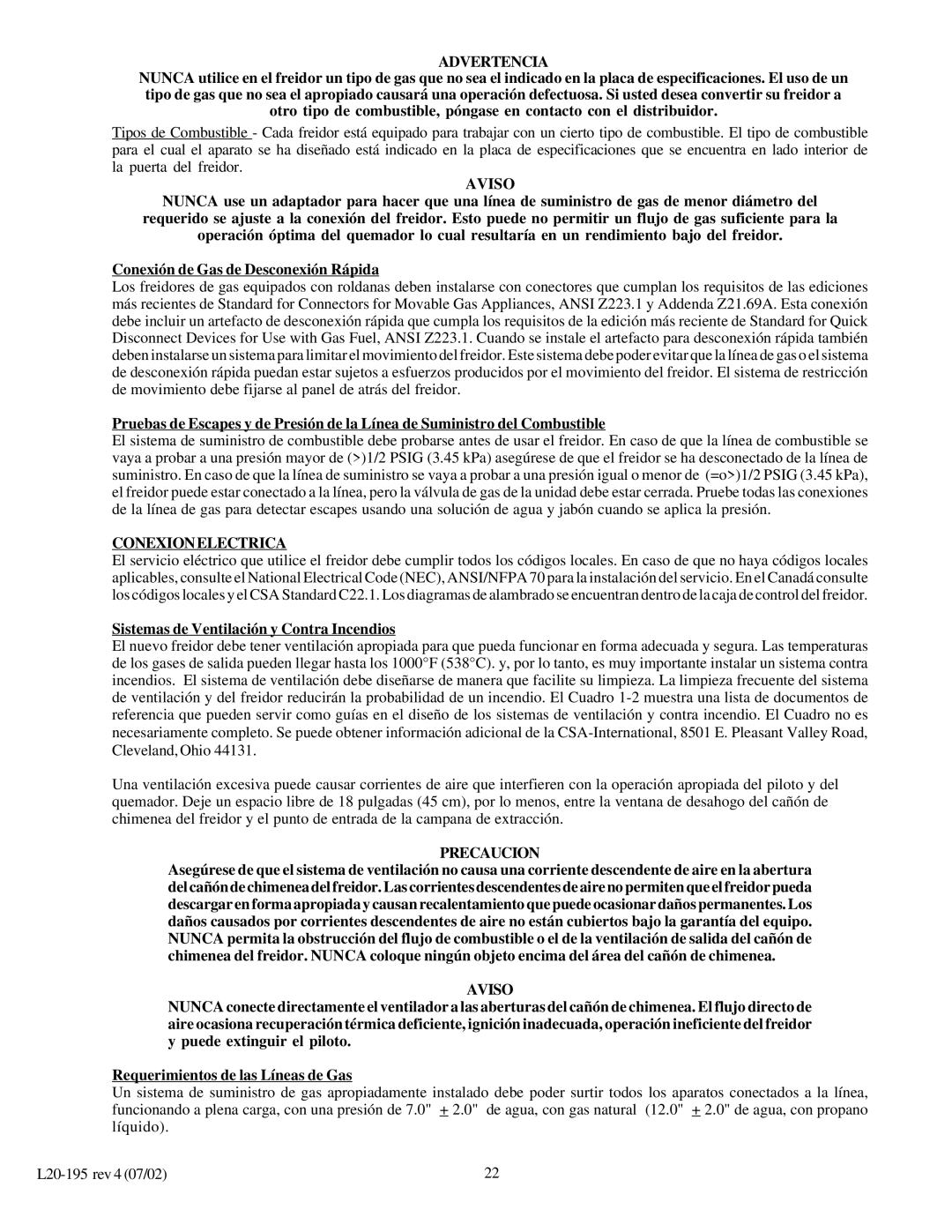 Pitco Frialator SGC, 34P, 24P, SGF 14, 34F, 14T, 24F, 18F Aviso, Conexionelectrica, Sistemas de Ventilación y Contra Incendios 