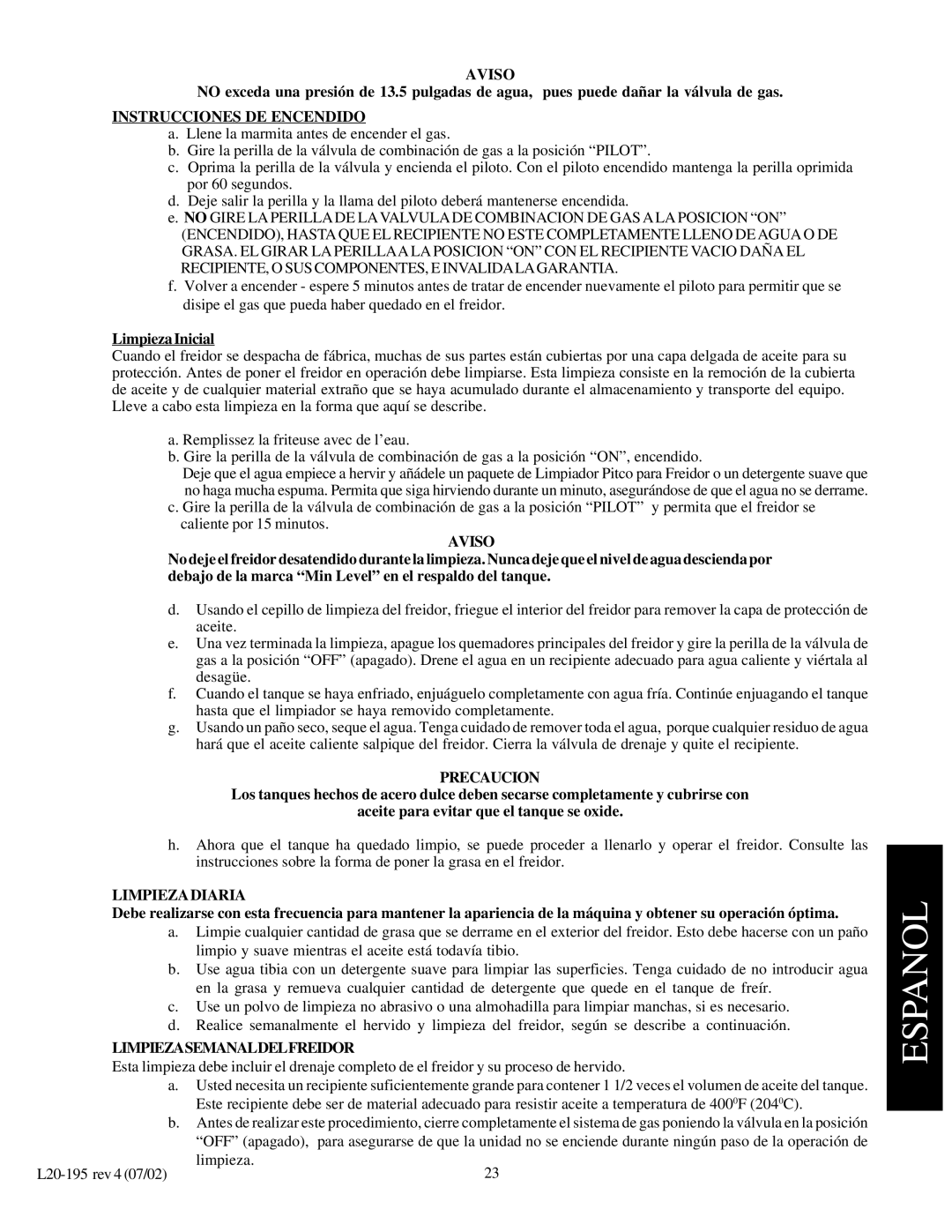 Pitco Frialator 34P, SGC, 24P, SGF 14 Instrucciones DE Encendido, LimpiezaInicial, Limpiezadiaria, Limpiezasemanaldelfreidor 