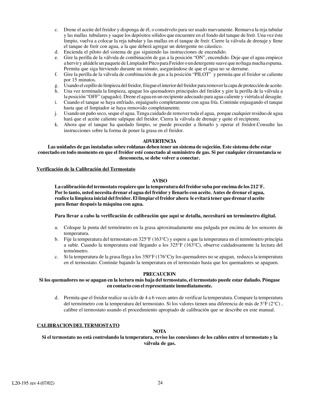 Pitco Frialator 24P, SGC, 34P, SGF 14, 34F, 14T, 24F, 18F operation manual Calibraciondeltermostato Nota 