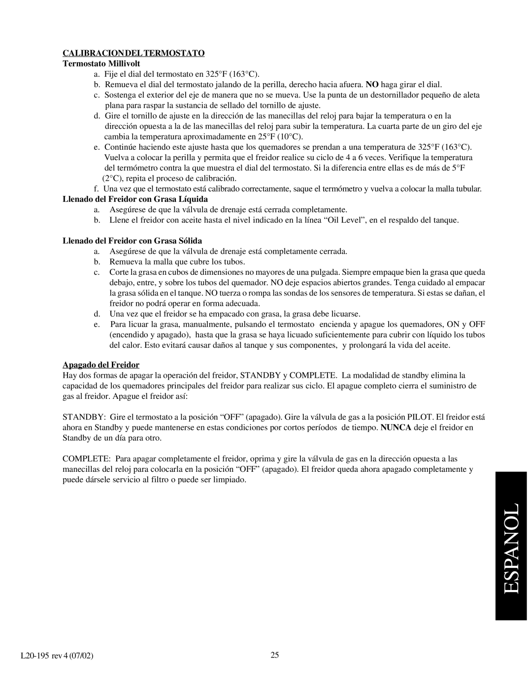 Pitco Frialator SGF 14, SGC, 34P, 24P Calibraciondeltermostato, Termostato Millivolt, Llenado del Freidor con Grasa Líquida 