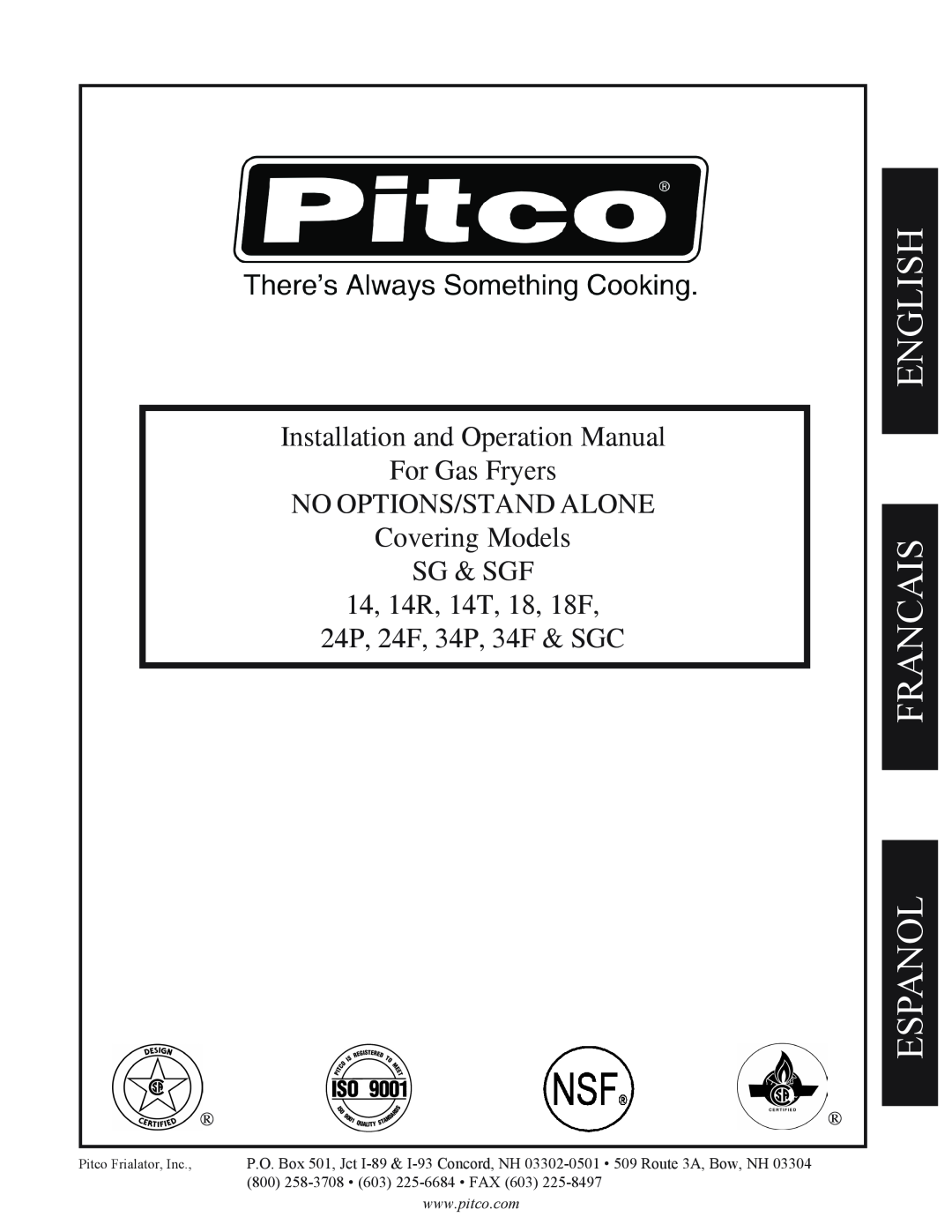 Pitco Frialator 34P, SGC, 24P operation manual English Francais Espanol, NO OPTIONS/STAND ALONE Covering Models SG & SGF 