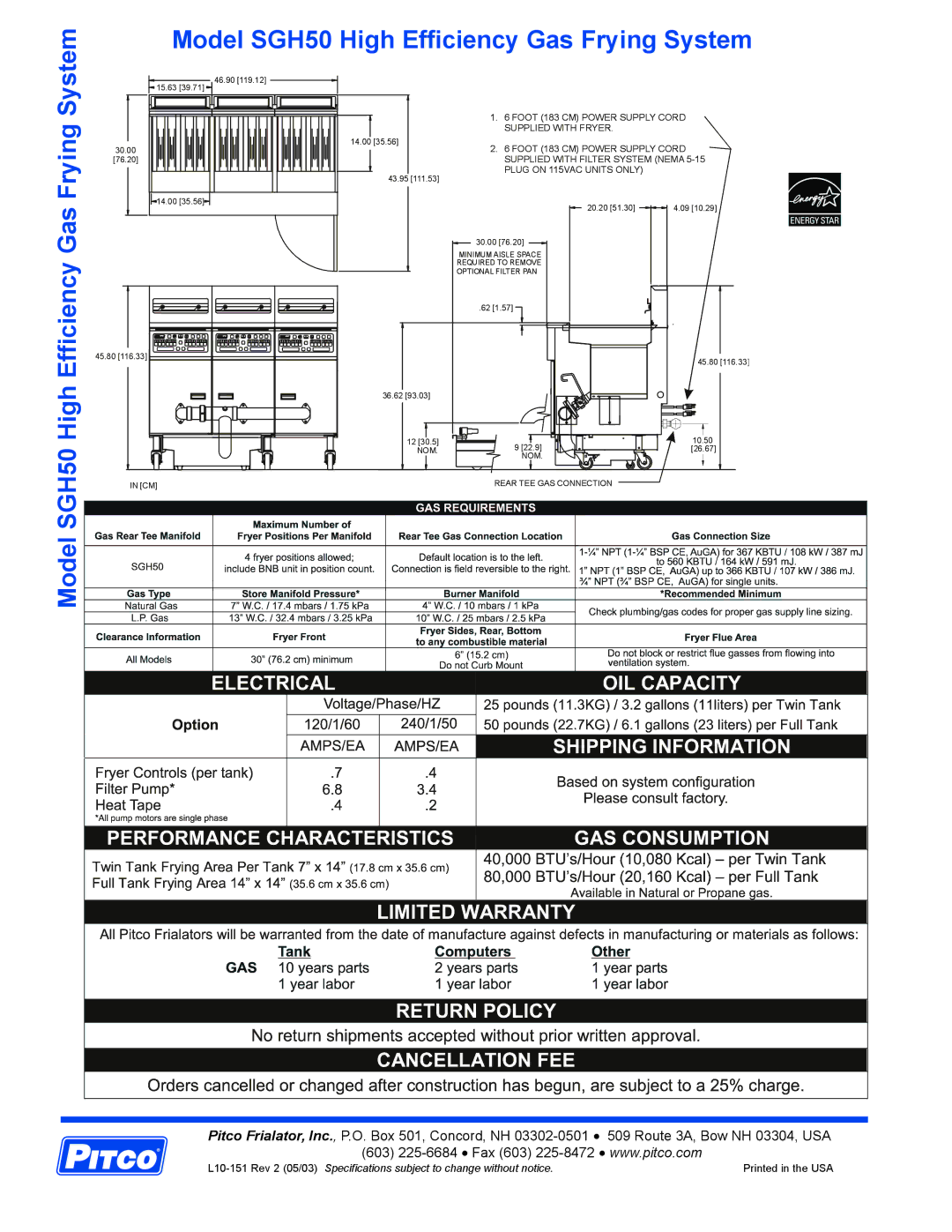 Pitco Frialator specifications Model SGH50 High Efficiency Gas Frying System 