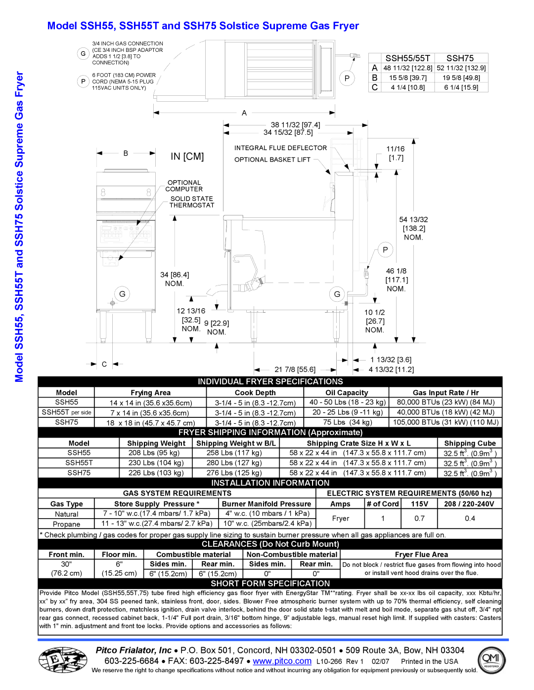 Pitco Frialator manual Model SSH55, SSH55T and SSH75 Solstice Supreme Gas Fryer 