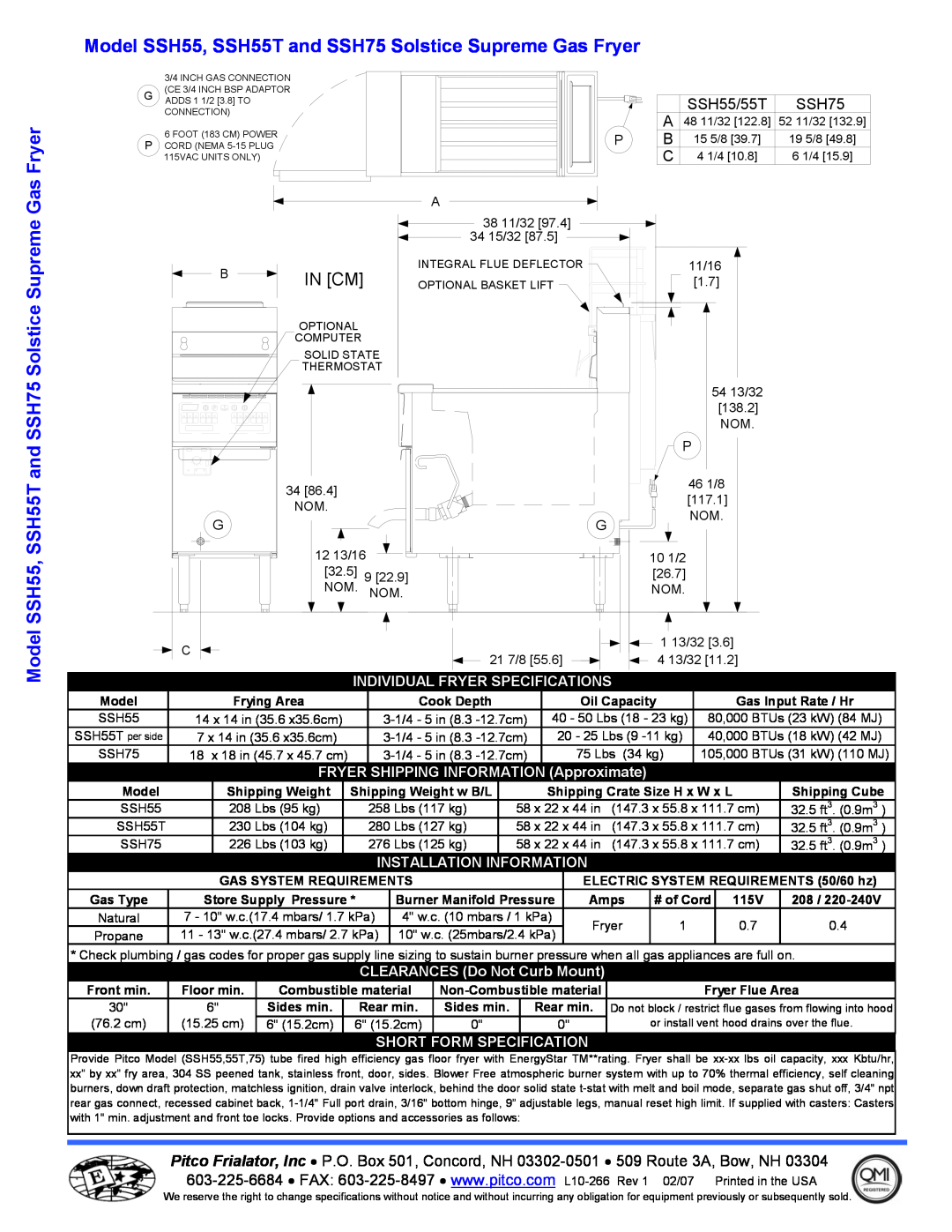 Pitco Frialator manual Model SSH55, SSH55T and SSH75 Solstice Supreme Gas Fryer, In Cm, SSH55/55T SSH75, Short 