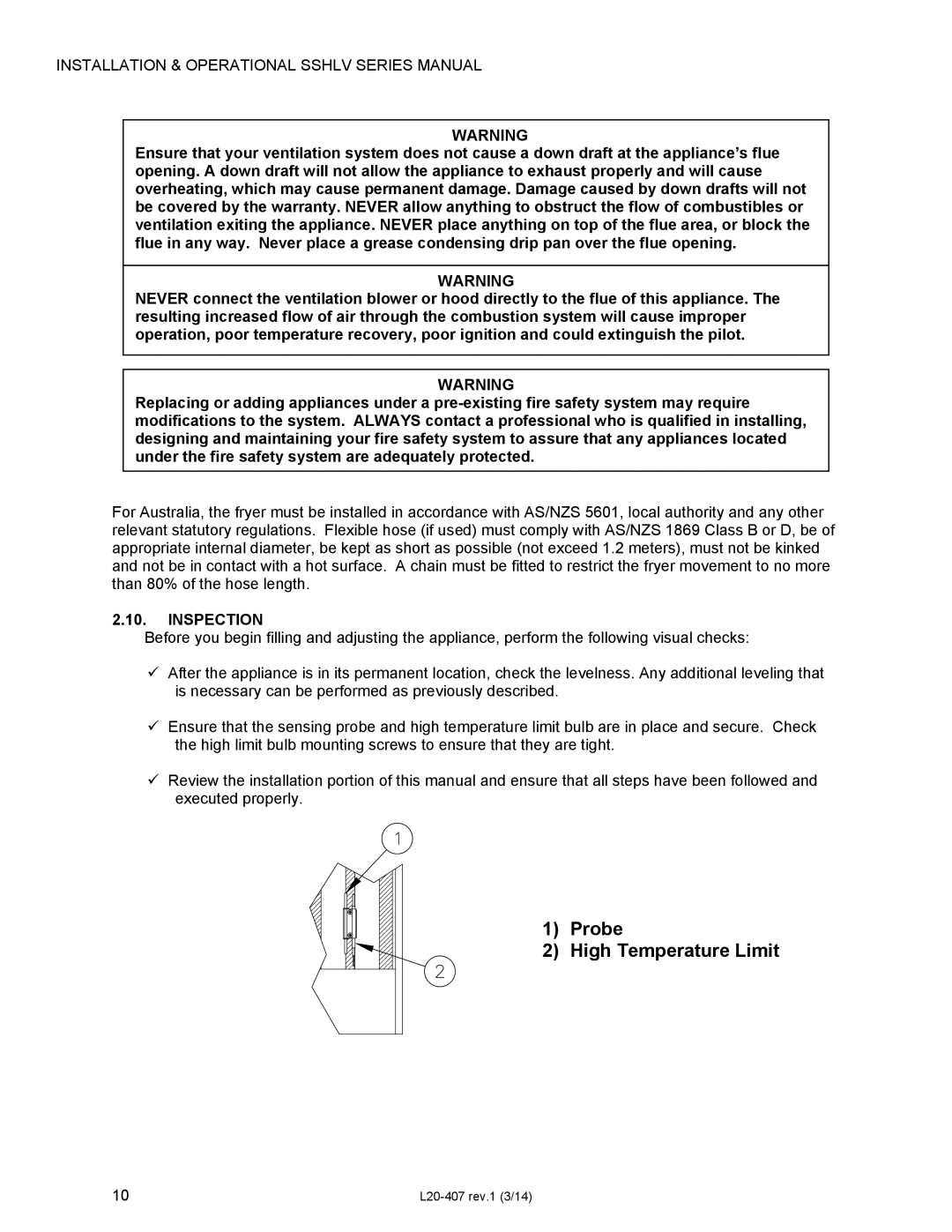 Pitco Frialator SSHLV14 operation manual Probe High Temperature Limit, Inspection 