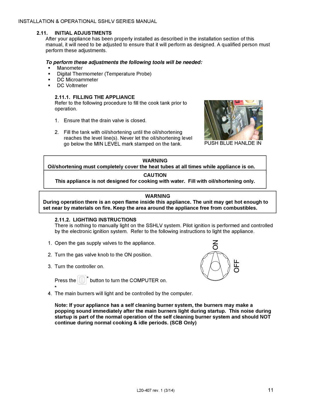 Pitco Frialator SSHLV14 operation manual Initial Adjustments, Filling the Appliance, Lighting Instructions 