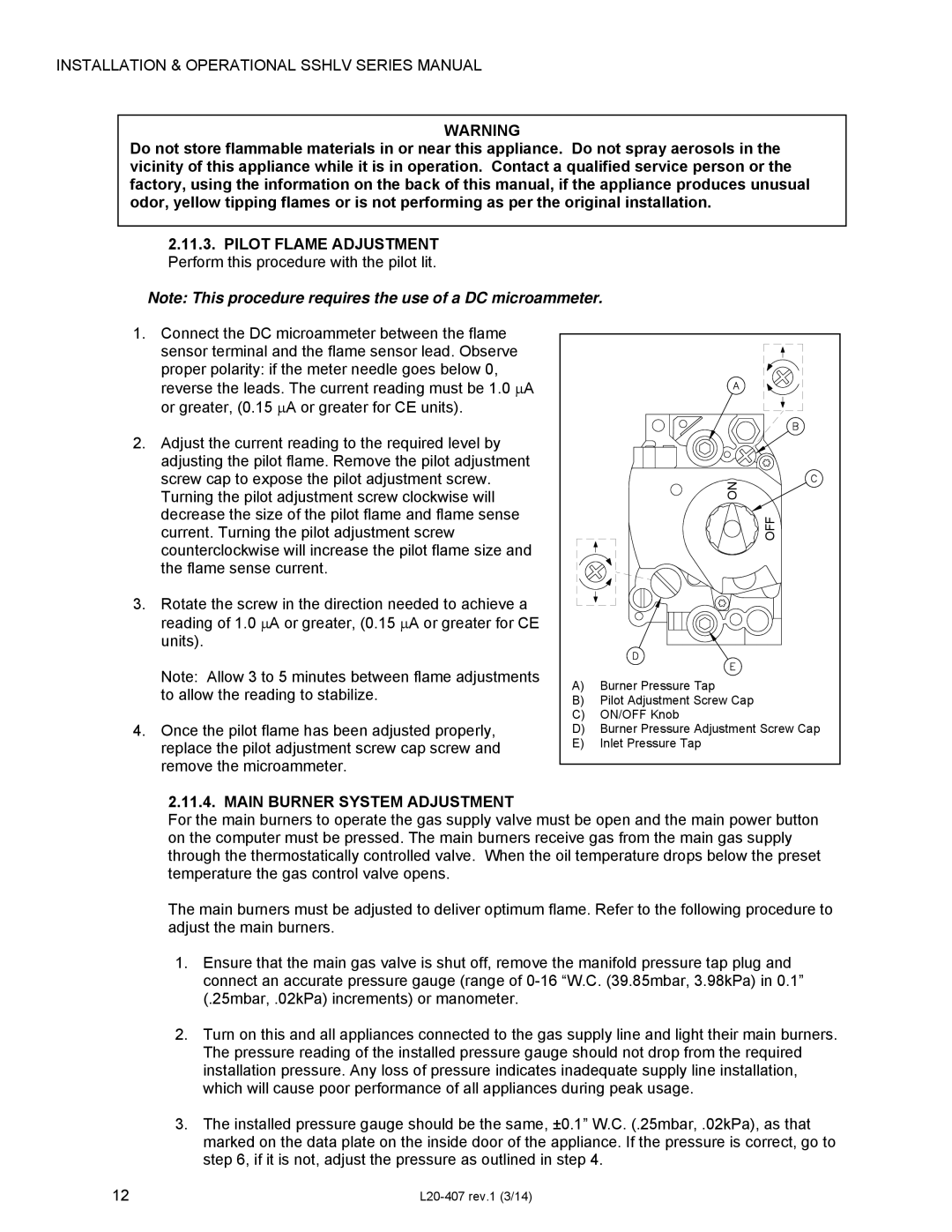 Pitco Frialator SSHLV14 operation manual Main Burner System Adjustment, Off 