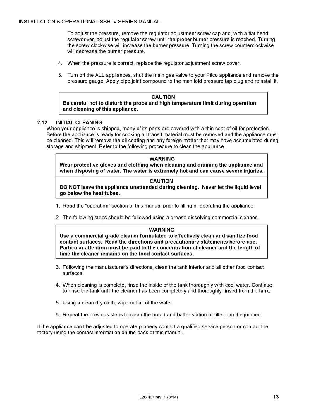 Pitco Frialator SSHLV14 operation manual Initial Cleaning 