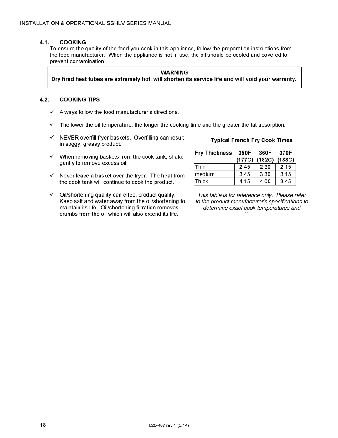 Pitco Frialator SSHLV14 operation manual Cooking Tips 