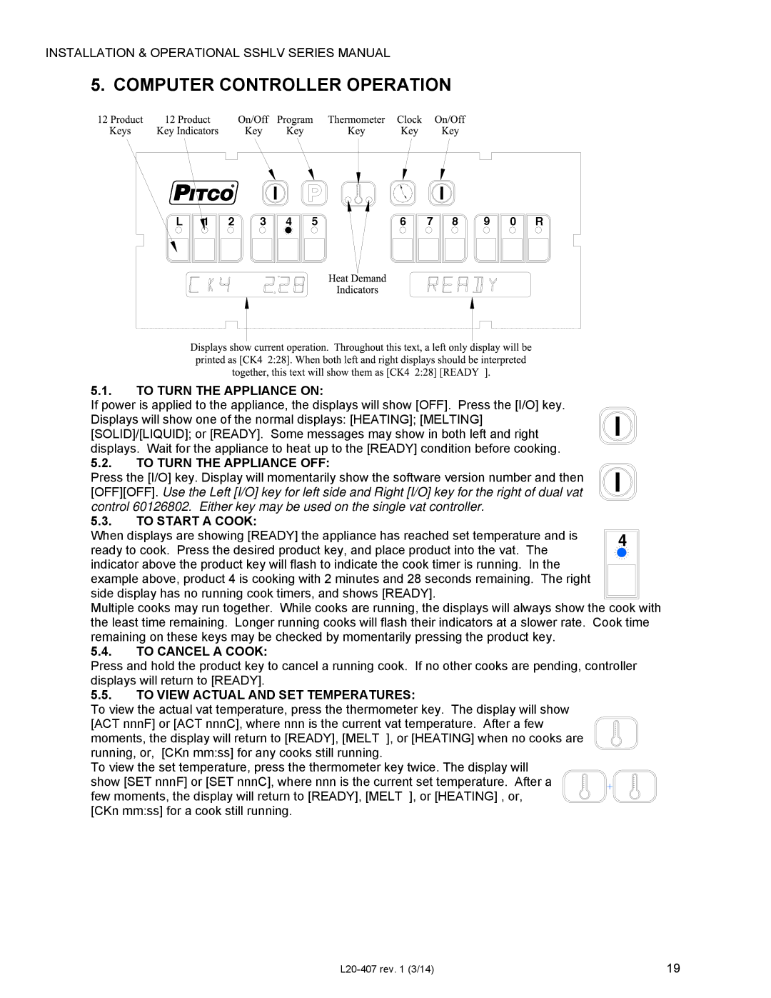 Pitco Frialator SSHLV14 operation manual Computer Controller Operation 