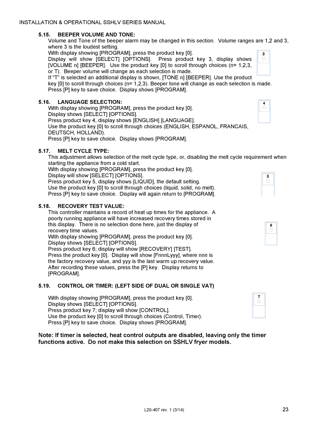 Pitco Frialator SSHLV14 operation manual Beeper Volume and Tone, Language Selection, Melt Cycle Type, Recovery Test Value 