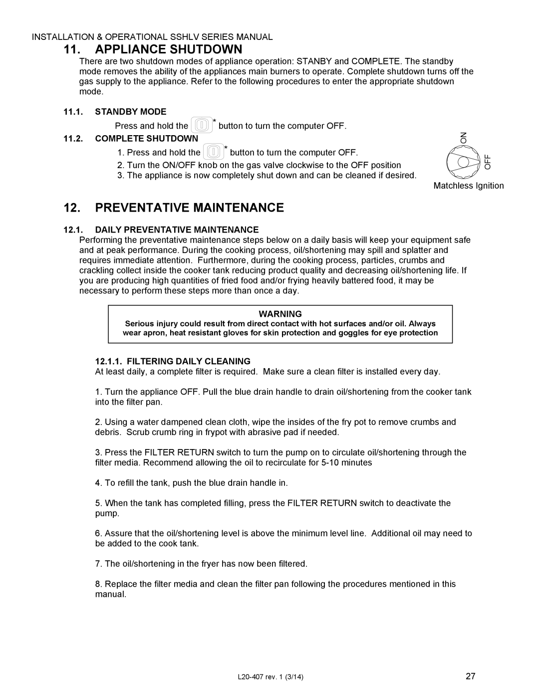 Pitco Frialator SSHLV14 operation manual Appliance Shutdown, Preventative Maintenance 