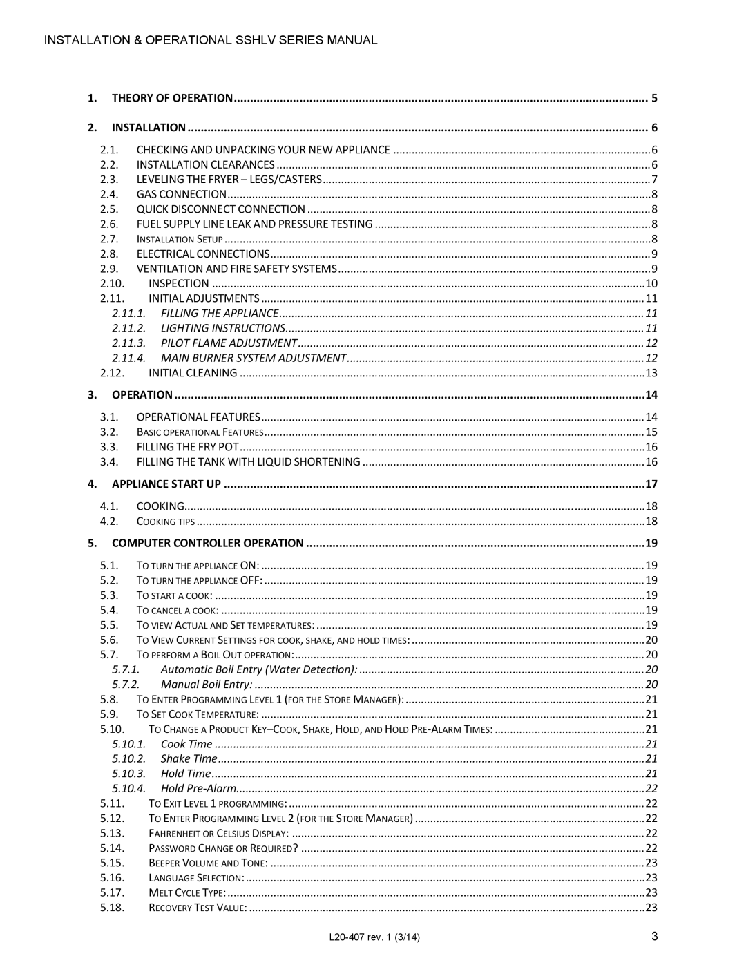 Pitco Frialator SSHLV14 operation manual Appliance Start UP 