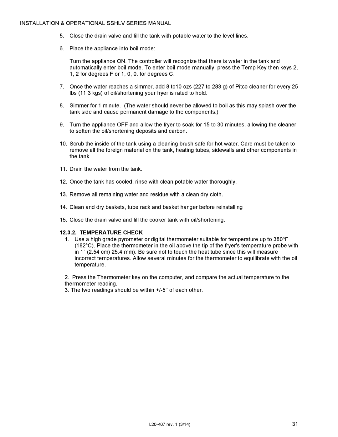 Pitco Frialator SSHLV14 operation manual Temperature Check 