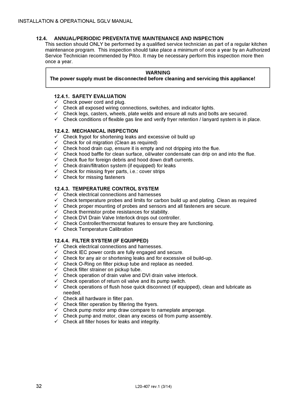 Pitco Frialator SSHLV14 ANNUAL/PERIODIC Preventative Maintenance and Inspection, Safety Evaluation, Mechanical Inspection 
