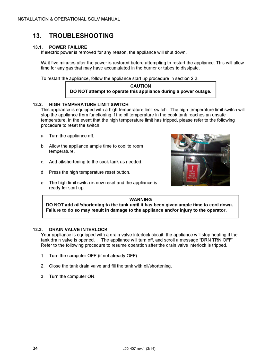 Pitco Frialator SSHLV14 Troubleshooting, Power Failure, High Temperature Limit Switch, Drain Valve Interlock 