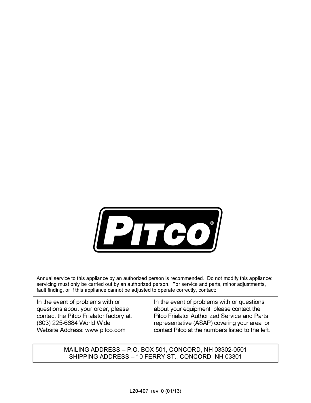 Pitco Frialator SSHLV14 operation manual L20-407 rev 01/13 