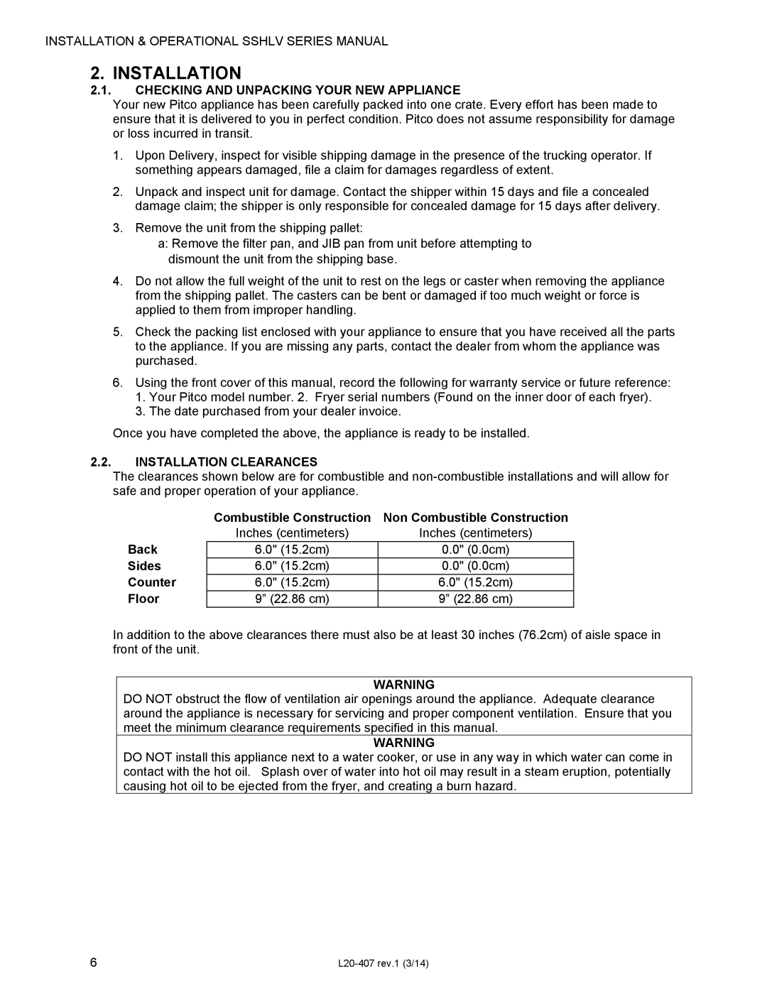 Pitco Frialator SSHLV14 operation manual Checking and Unpacking Your NEW Appliance, Installation Clearances 