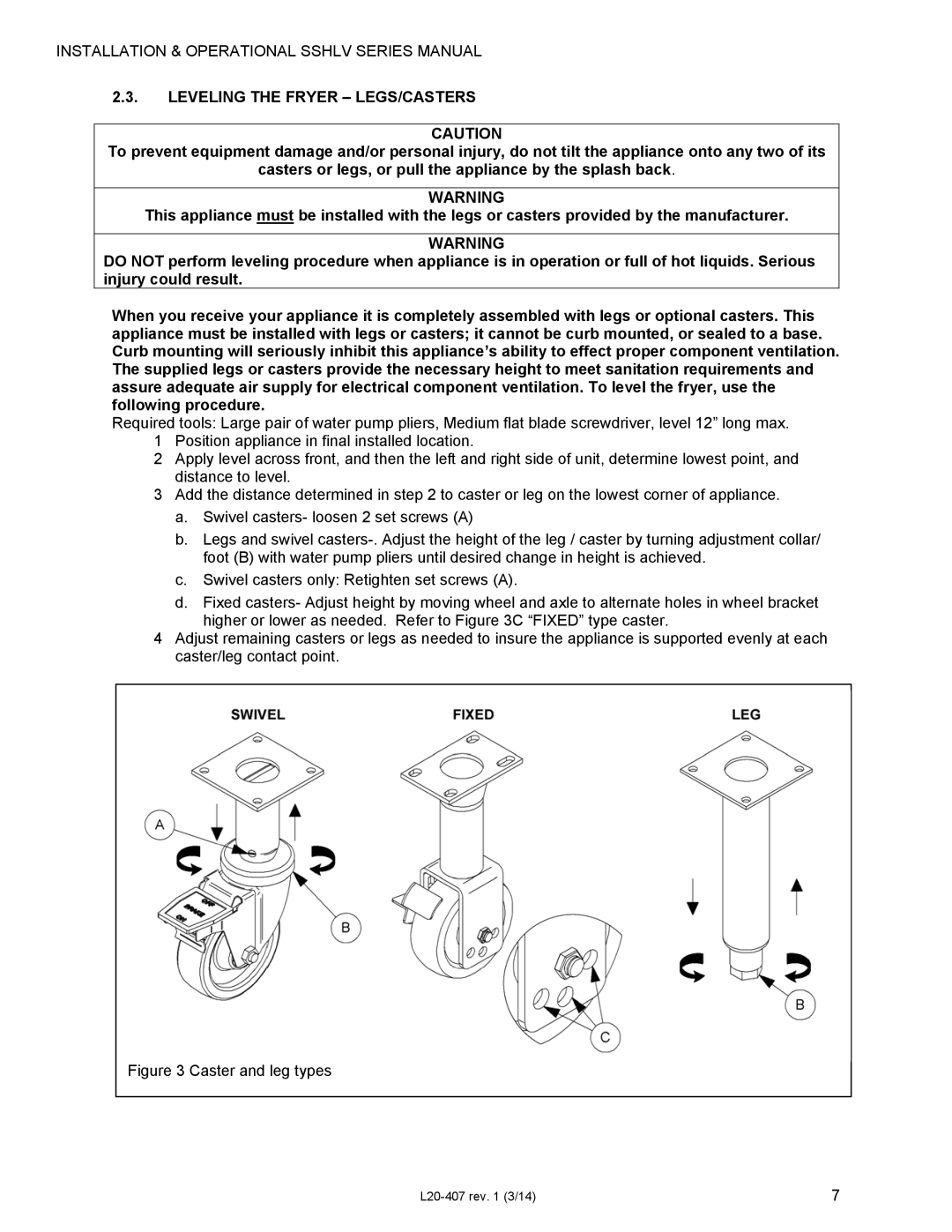 Pitco Frialator SSHLV14 operation manual Leveling the Fryer LEGS/CASTERS, Caster and leg types 