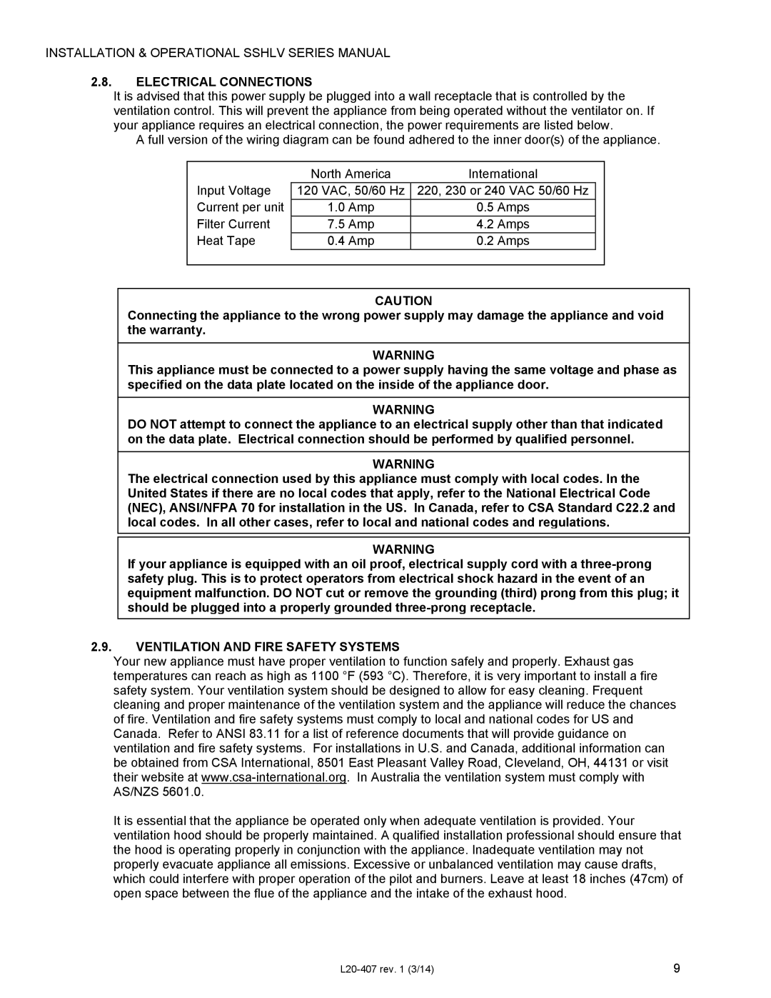 Pitco Frialator SSHLV14 operation manual Electrical Connections, Ventilation and Fire Safety Systems 