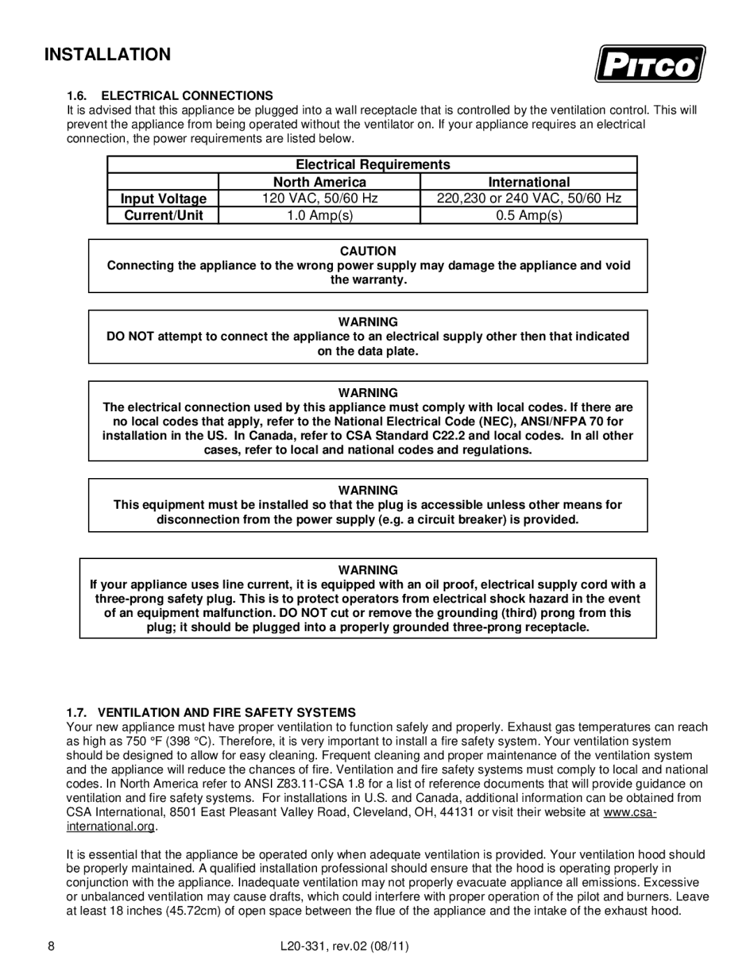 Pitco Frialator SSRS14, SSPG14 operation manual Electrical Connections, International, Ventilation and Fire Safety Systems 