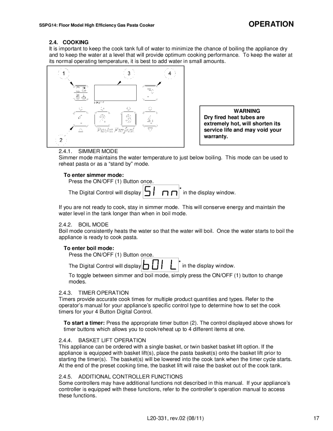 Pitco Frialator SSPG14, SSRS14 operation manual Cooking, To enter simmer mode, To enter boil mode 