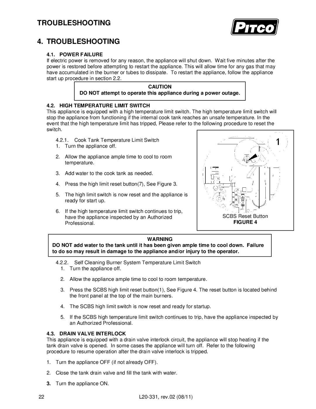 Pitco Frialator SSRS14, SSPG14 Troubleshooting, Power Failure, High Temperature Limit Switch, Drain Valve Interlock 